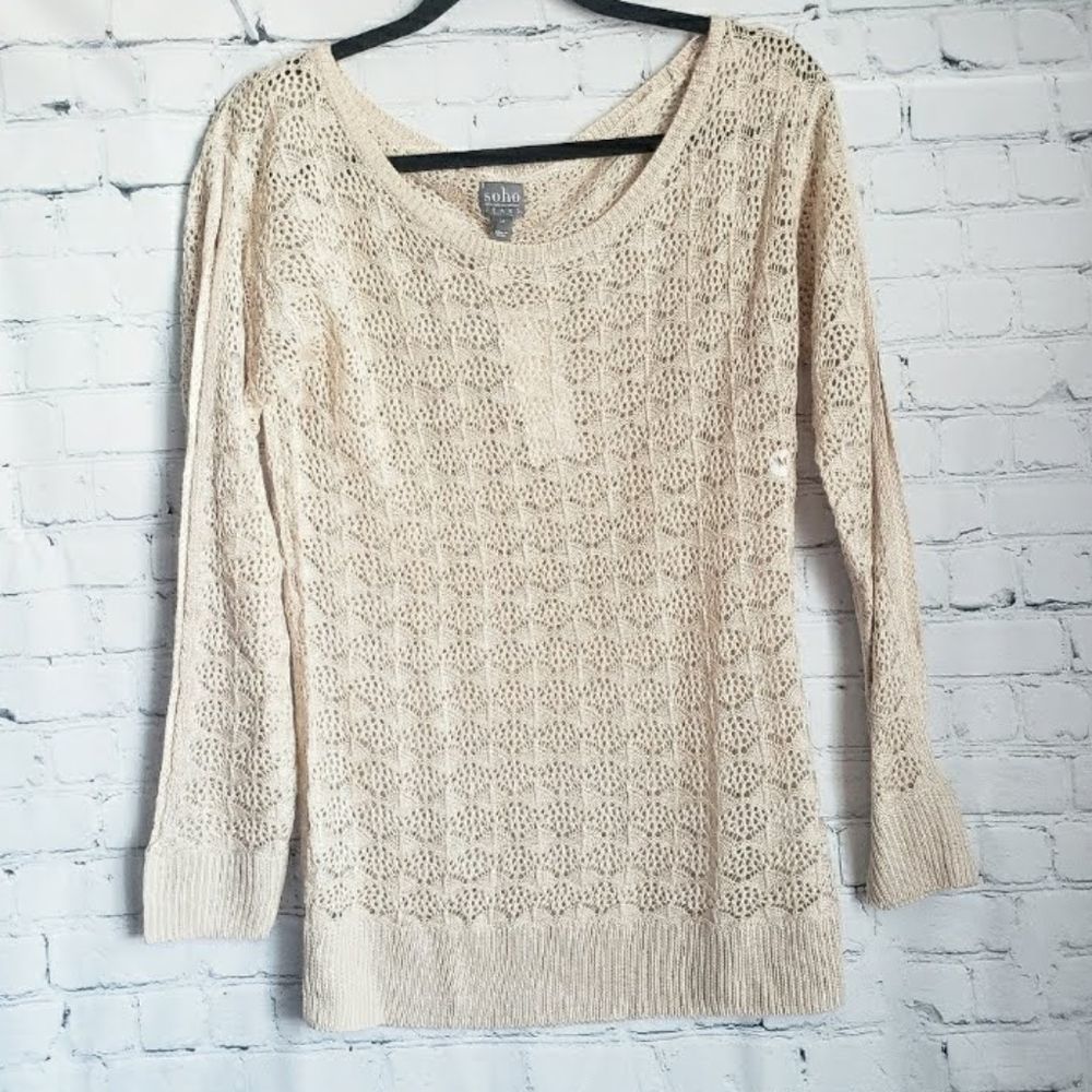 New York & Company Cream Open-Knit Scoop Neck Sweater